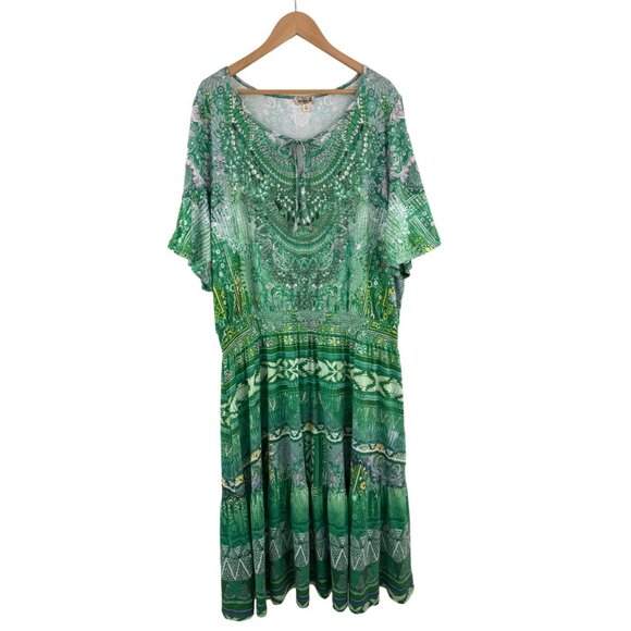 Size 3X 22 24 GREEN ABSTRACT PRINT SMOCKED WAIST MIDI DRESS‎ Summer PLUS SIZE - Picture 3 of 5